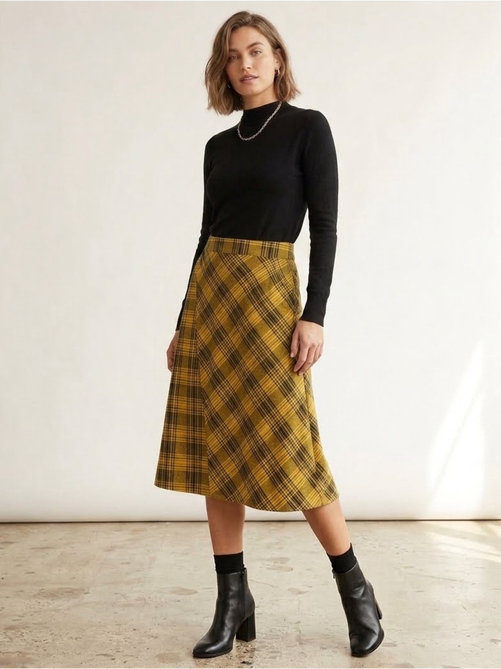 Zara Asymmetrical Plaid Midi Skirt Yellow & Black Side Slit Grunge Y2K M